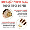 A product image showing a depilatory device with a gold and white head, highlighting its gentle technology and LED illuminati