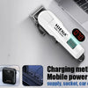 A white professional rechargeable hair clipper trimmer with a digital display is shown next to charging accessories.