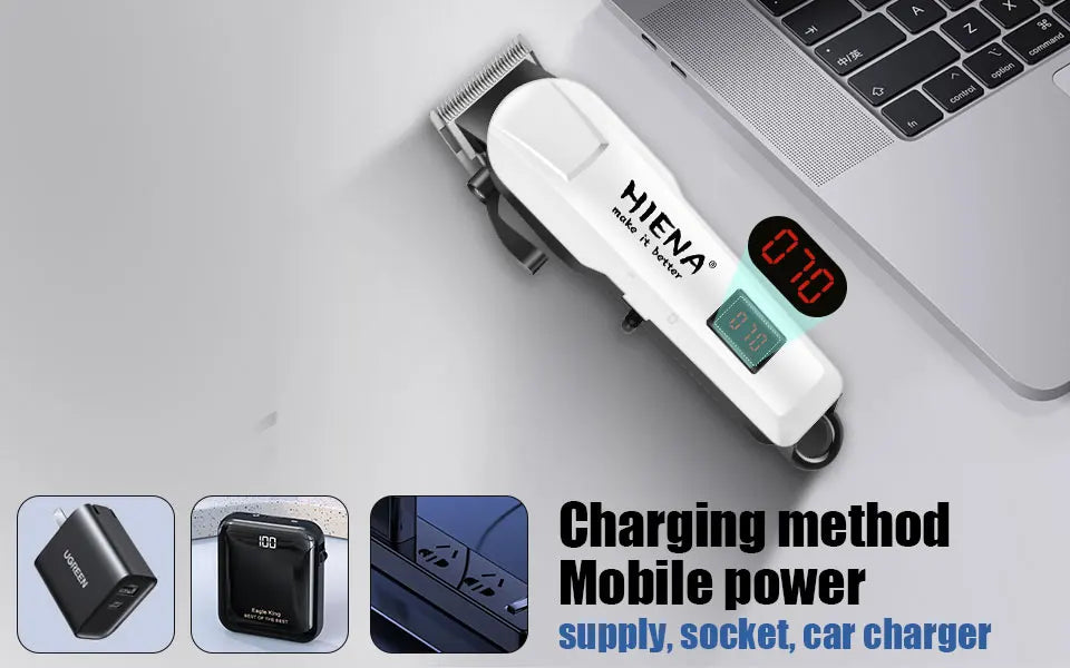A white professional rechargeable hair clipper trimmer with a digital display is shown next to charging accessories.