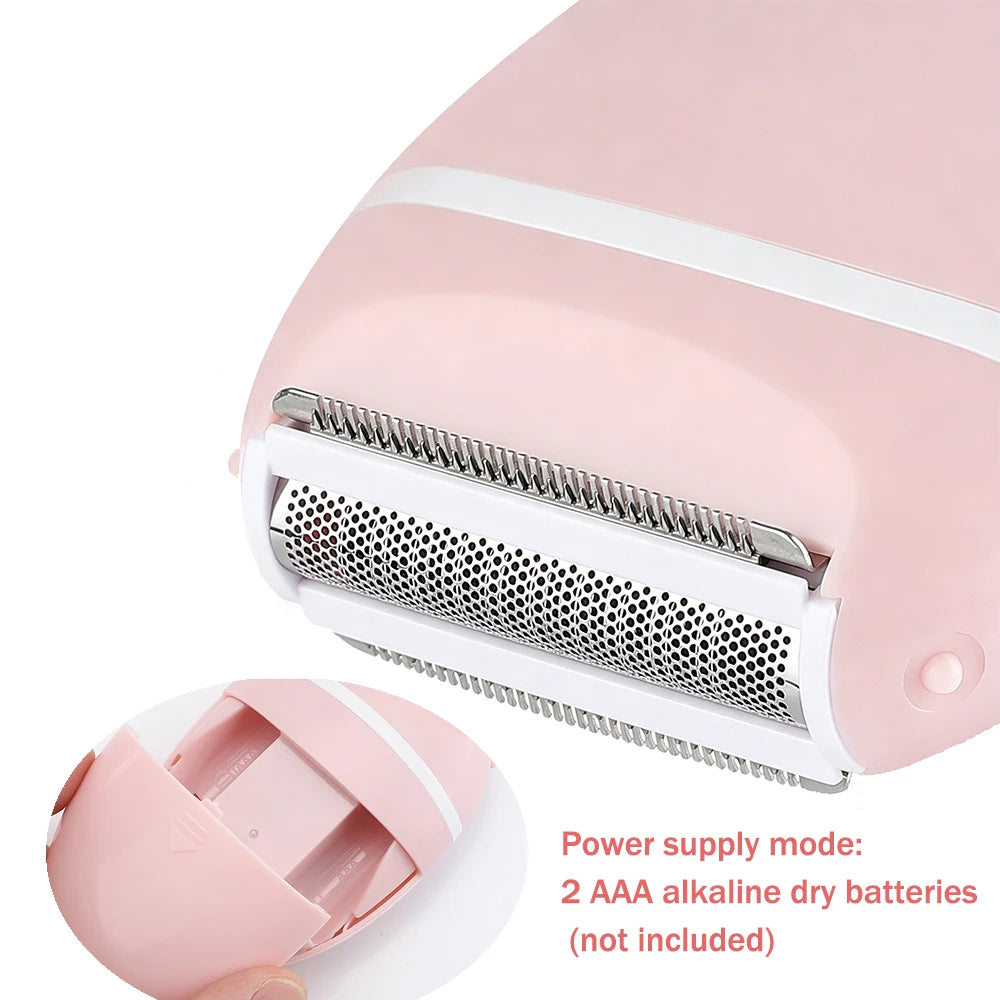 A pink electric body shaver and trimmer device with a removable head and battery compartment.