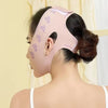 A woman is shown wearing a pink silicone face slimming bandage with butterfly patterns on her forehead and ear area.