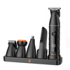 A black 4-in-1 body hair trimmer kit with multiple attachments displayed on a black stand.