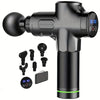 A black deep tissue massage gun with a textured handle and a cylindrical body, showing various accessories.