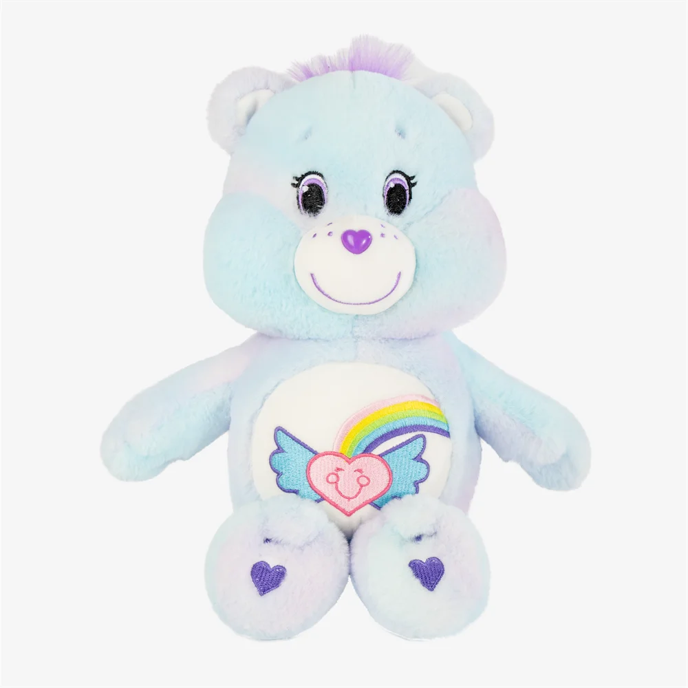A light blue classic care bears plush stuffed animal doll with a rainbow design on its chest.