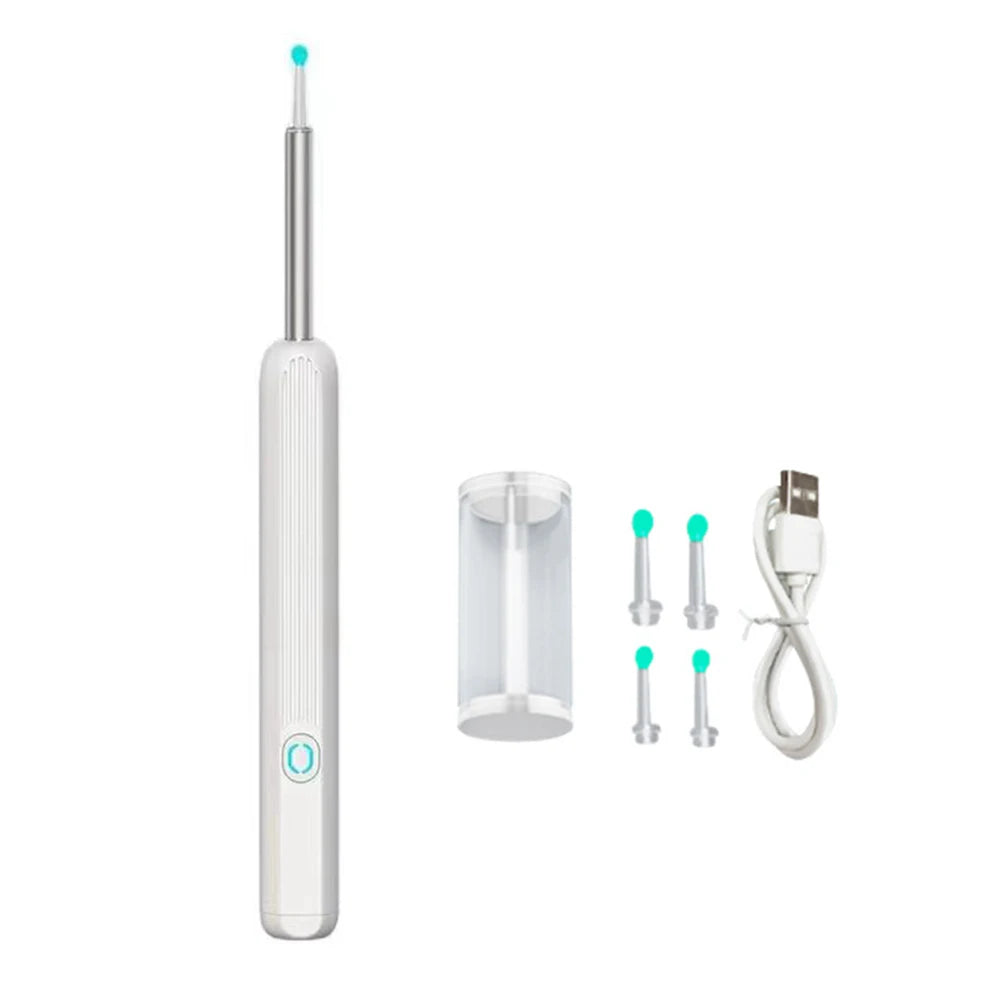 Kit de limpieza de oído de precisión con luz LED, incluye herramienta de limpieza y contenedor cilíndrico.