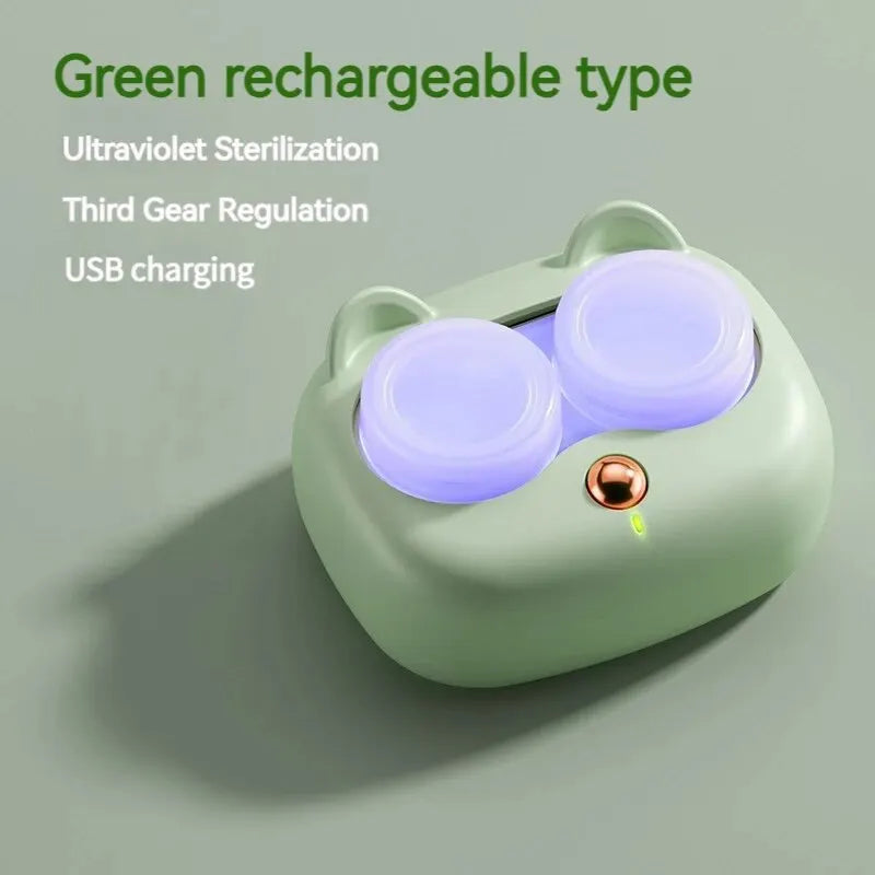 A light green contact lens cleaning case with a translucent purple lid and a small orange indicator light.