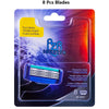 Pack of 8 precision replacement razor blade heads in a clear plastic package with branding and instructions