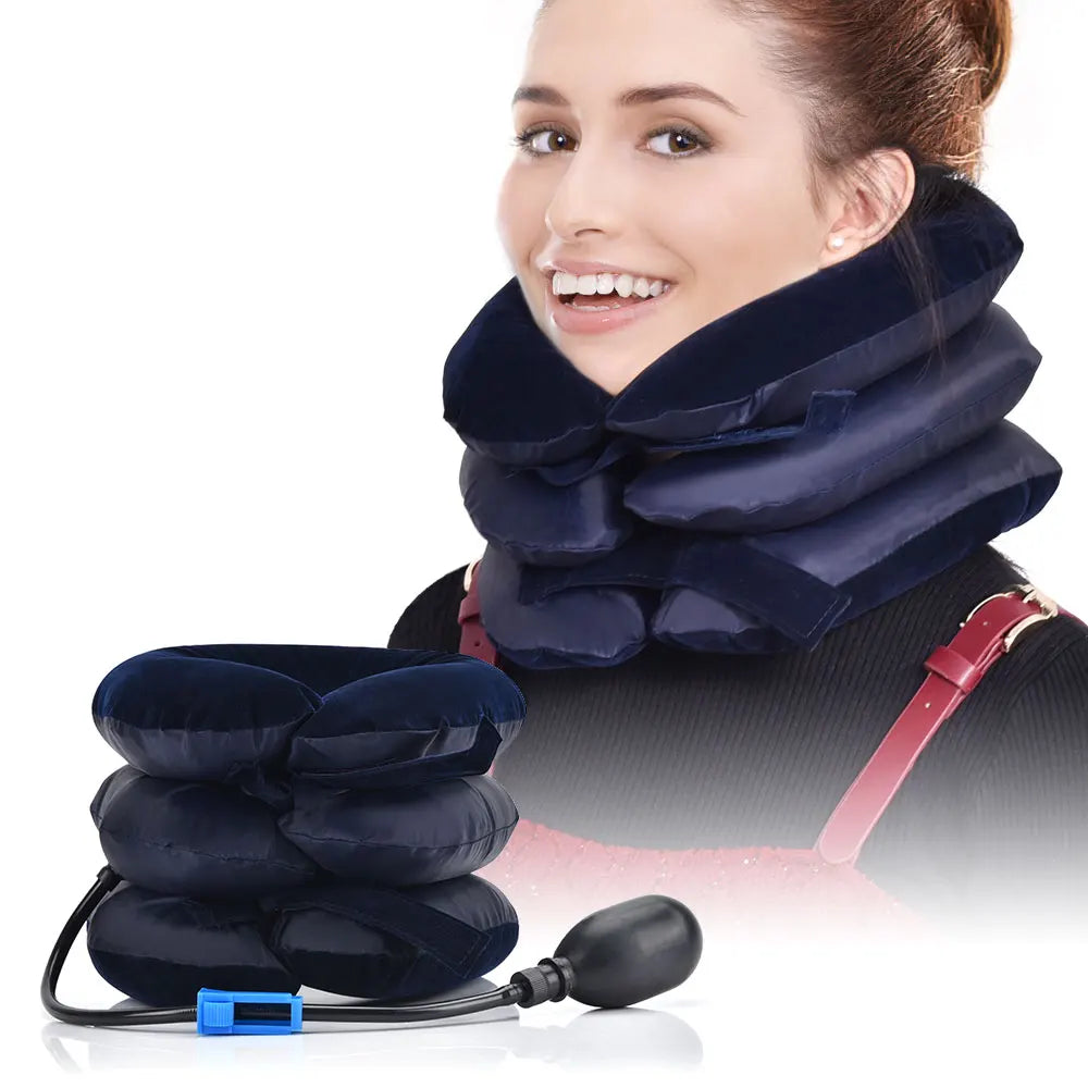 A woman is shown wearing a dark blue inflatable cervical neck traction pillow for pain relief.
