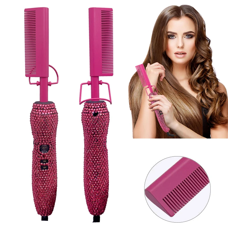 Fer à lisser en céramique rose avec détails en strass, montré sous différents angles et utilisé sur les cheveux.
