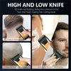 A professional electric double-blade hair shaver shown in various uses for facial and head grooming.