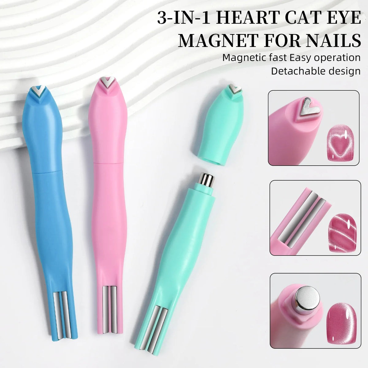 Un set de trois outils magnétiques en forme de cœur pour les yeux de chat à ongles, bleu, rose et sarcelle.