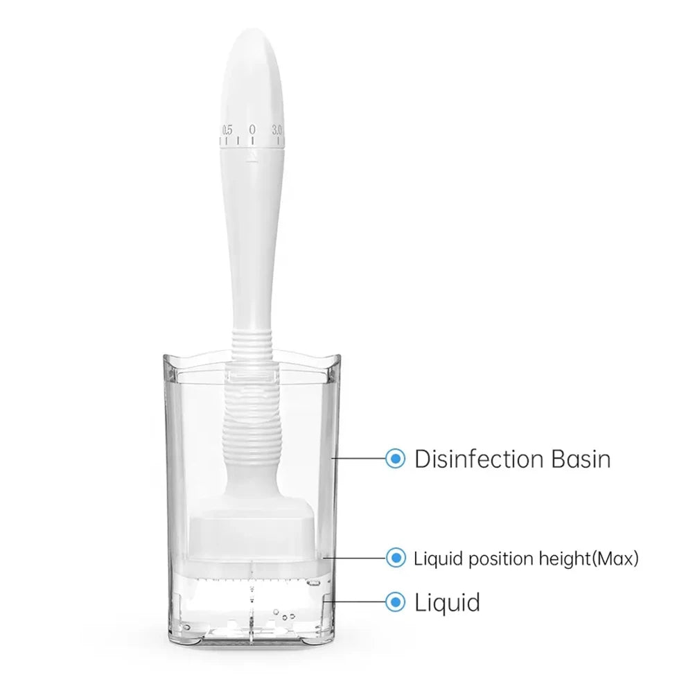 A clear glass bottle containing liquid and an adjustable microneedle applicator for skin rejuvenation.