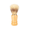 Set of wooden beard and facial shaving brushes with a natural fiber brush head.