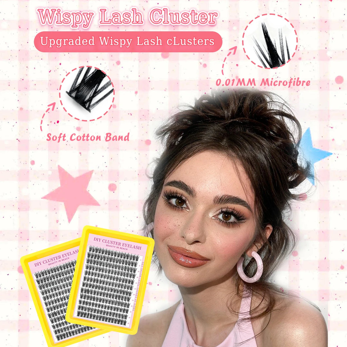 A model displays Wispy Lash Clusters, upgraded lash clusters made with 0.01mm microfibre and soft cotton band.