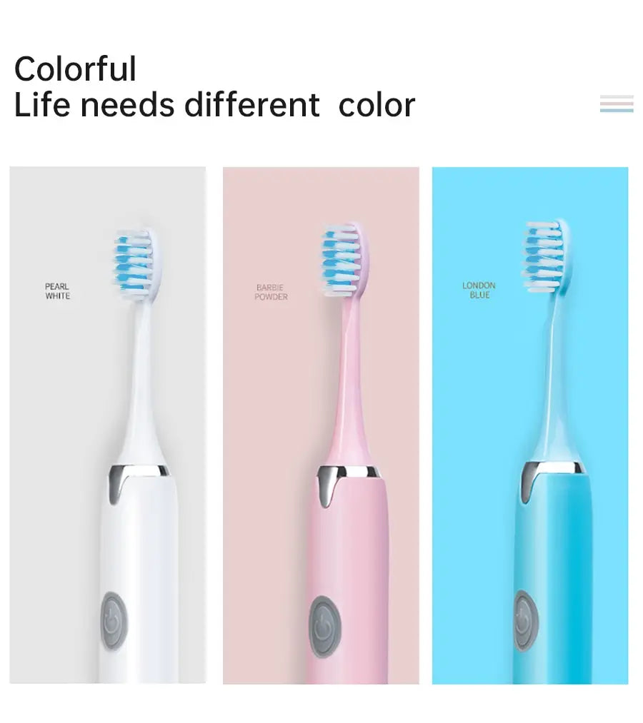 Three sonic electric toothbrushes in pearl white, pink, and blue colors shown side by side.