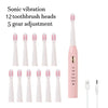 A pink electric toothbrush with 12 brush heads and a gear adjustment feature is shown alongside the individual heads.