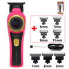 Pink Kemei Smart Brain cordless hair trimmer with various guard attachments and charging cable