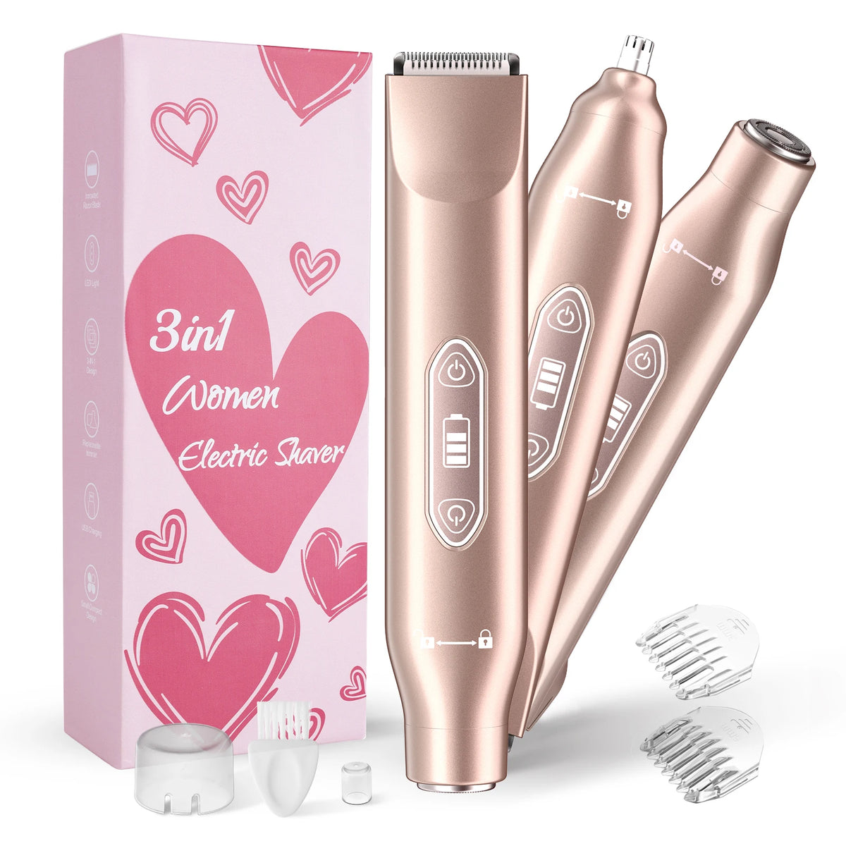 A pink 3-in-1 electric shaver and accessories are displayed on a white background.