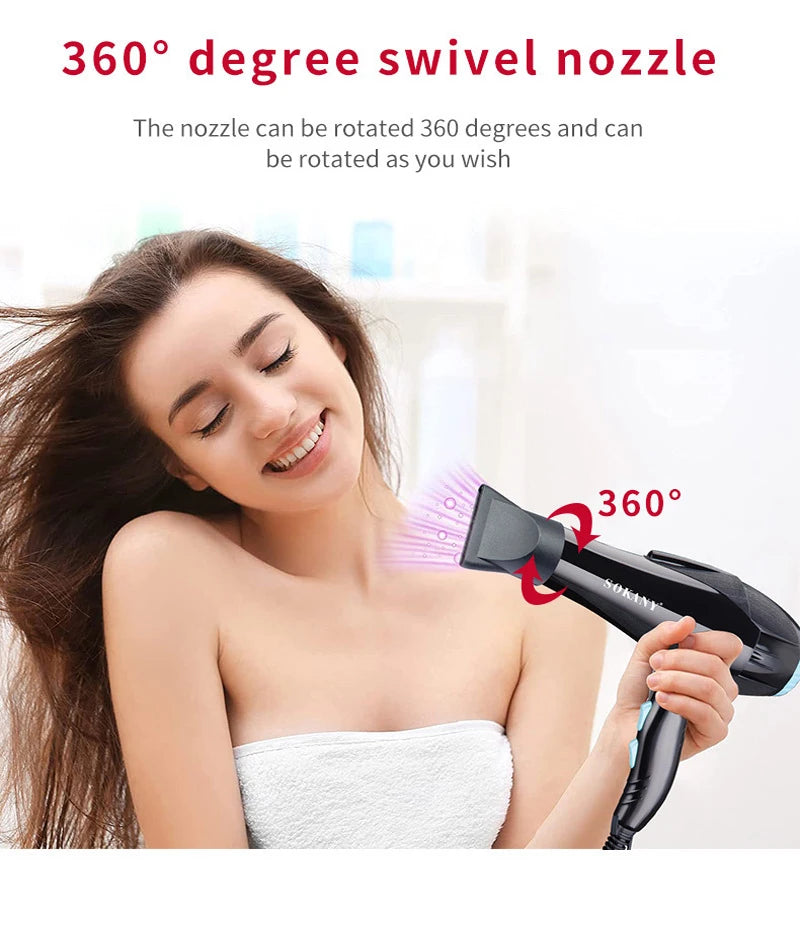 A woman is using a black hair dryer with a 360 degree swivel nozzle to style her hair.