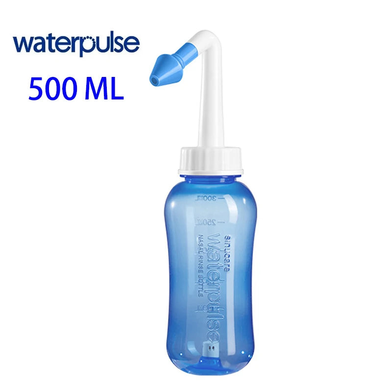 A clear blue waterpulse nasal irrigation bottle with a white nozzle and plunger.