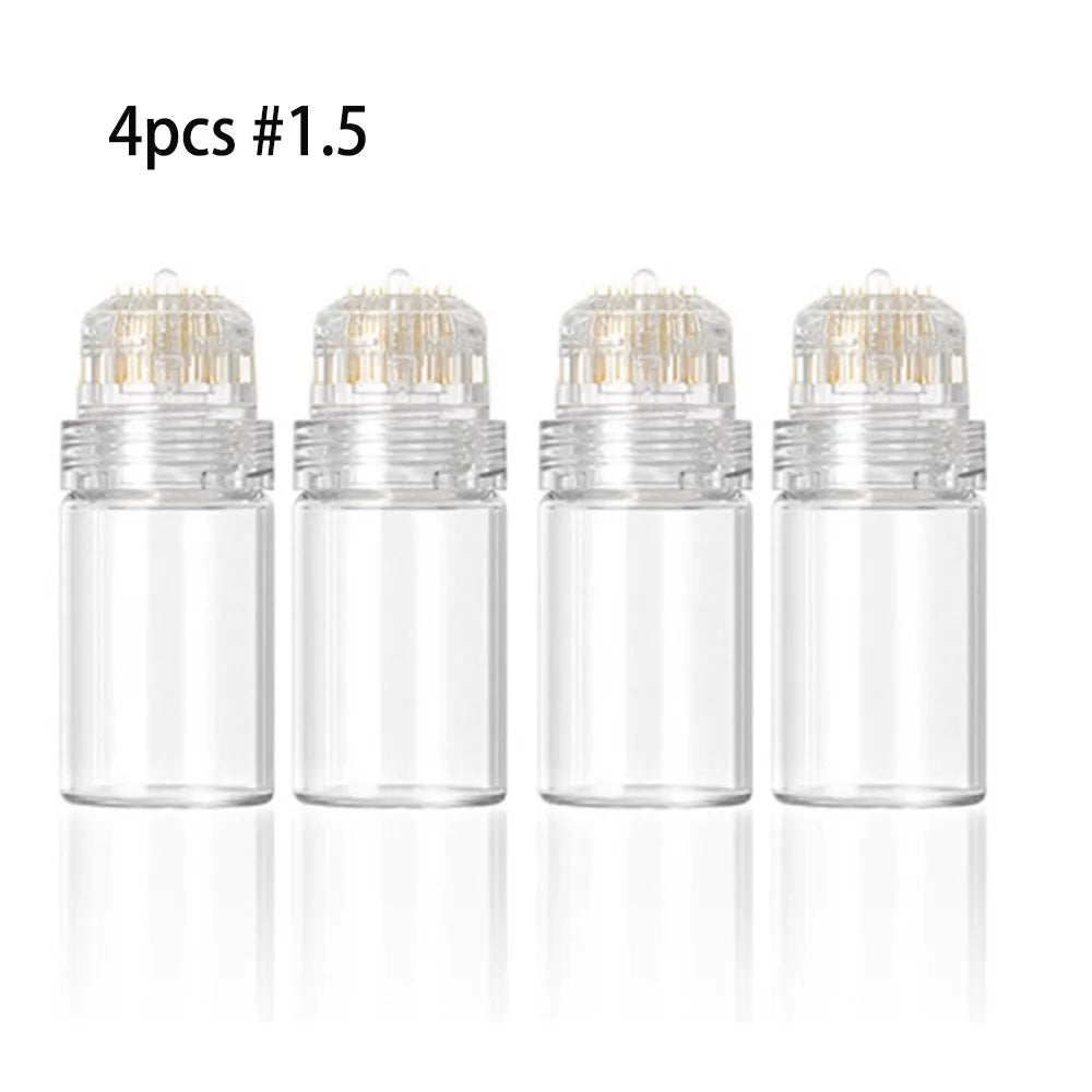 Four glass vials containing #1.5 needles for a professional microneedling stamp set