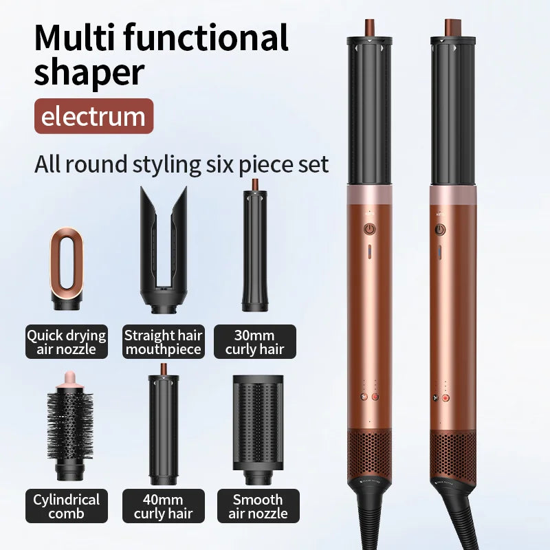A set of six multi functional hair shapers in rose gold and black, including straight, curly, and cylindrical combs.