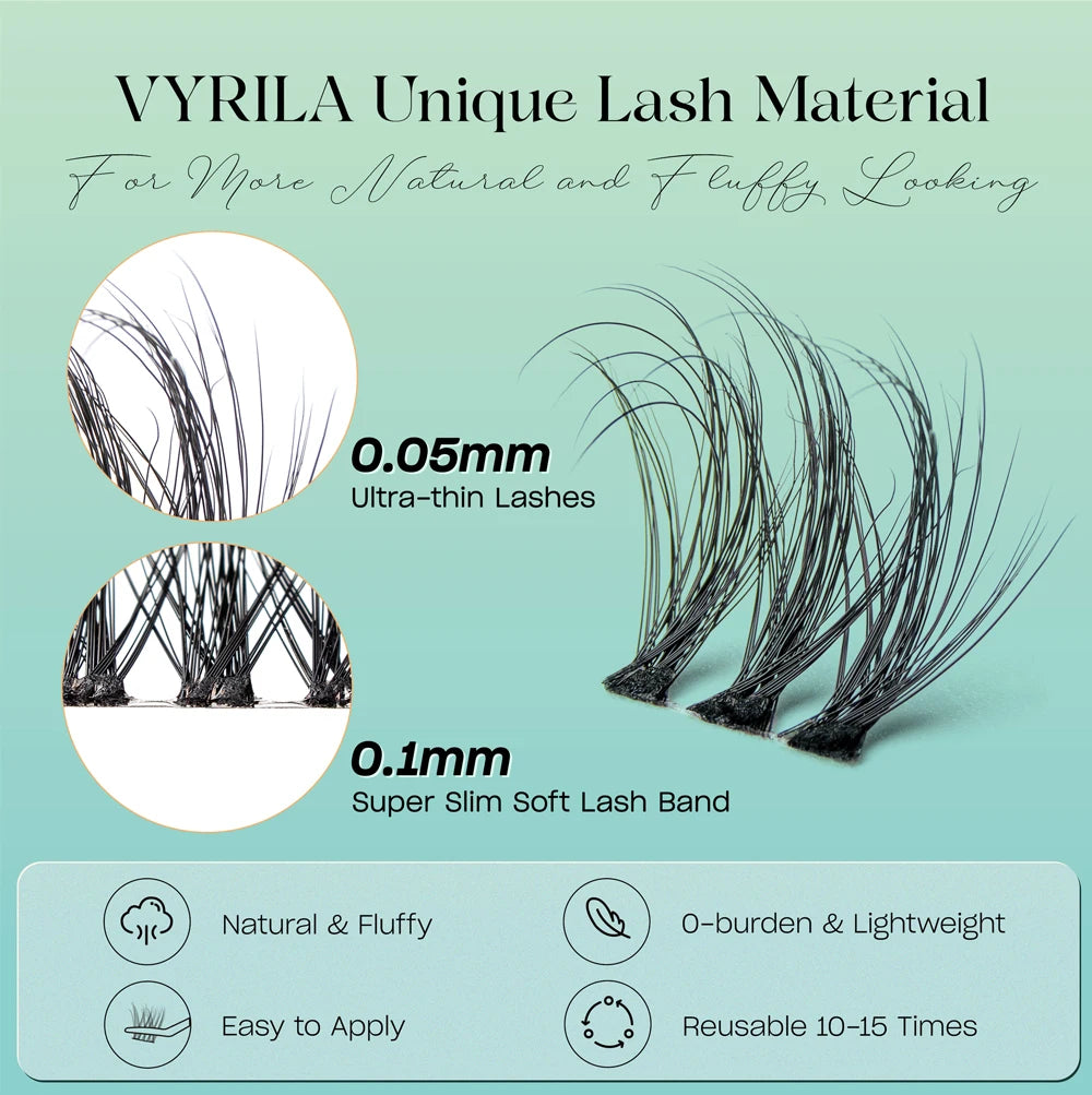 Image showing VYRILA unique lash material in 0.05mm and 0.1mm sizes, highlighting natural, fluffy lashes.