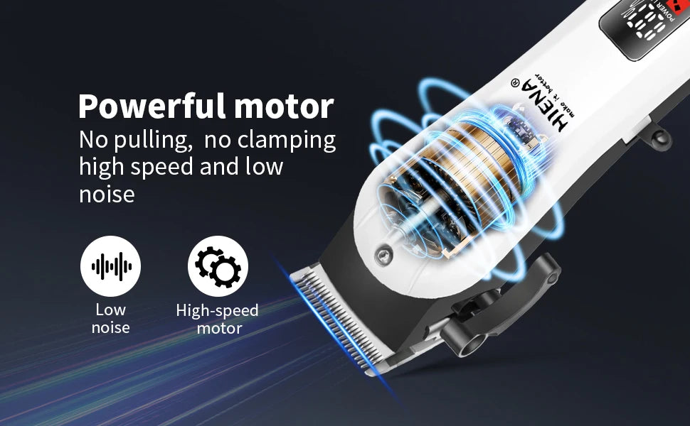 A white professional rechargeable hair clipper trimmer showing a powerful motor and cutting comb.