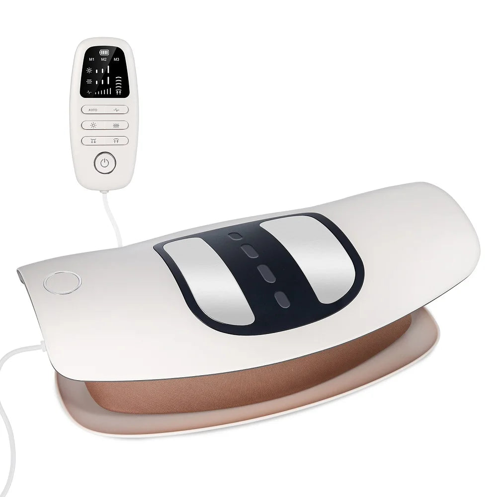 A white electric lumbar traction massager device and its accompanying cord.