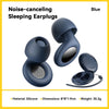 Blue silicone noise-canceling sleeping earplugs shown in various views and specifications