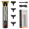 A professional cordless hair clipper kit featuring a silver and black body, various attachments, and an original box.