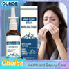 A bottle of Nasal Clean Spray mineral nasal cleanse next to a woman using the spray for nasal congestion relief.