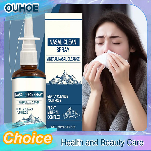 A bottle of Nasal Clean Spray mineral nasal cleanse next to a woman using the spray for nasal congestion relief.