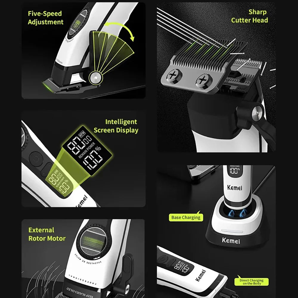 A set of professional rechargeable hair clipper and trimmer tools showing features like five-speed adjustment, a sharp cutter