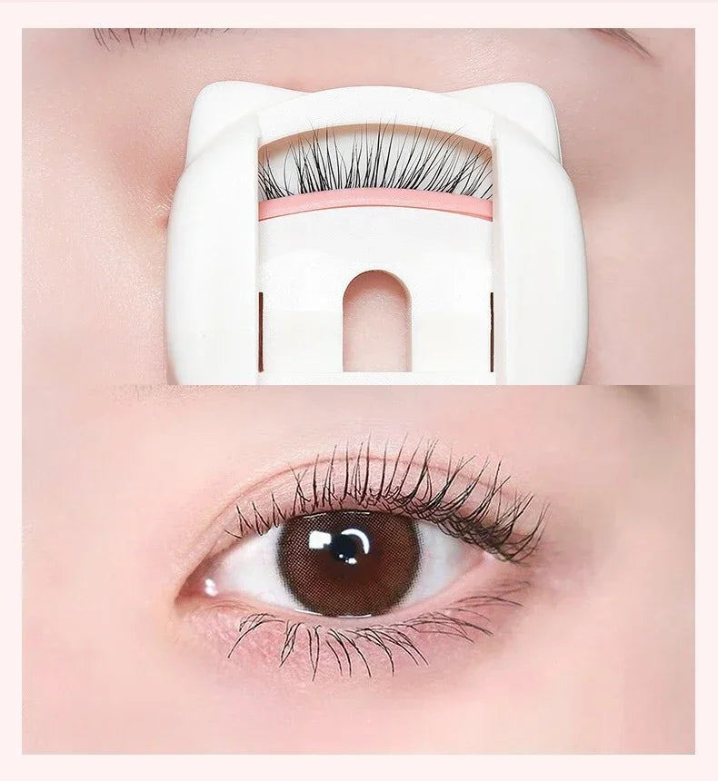 Un recourbe-cils à griffes de chat blanc est positionné sur un œil, montrant son utilisation pour recourber les cils.