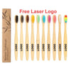 A set of twenty bamboo toothbrushes with various colors and a packaging box labeled Free Laser Logo