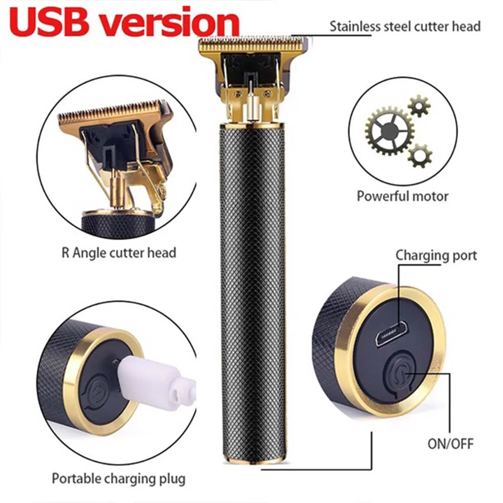 A vertical cordless hair clipper with a stainless steel cutter head, charging port, and portable plug.
