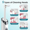 A white electric dental tooth polisher with five types of cleaning heads including cylindrical, conical, and silicone tips.