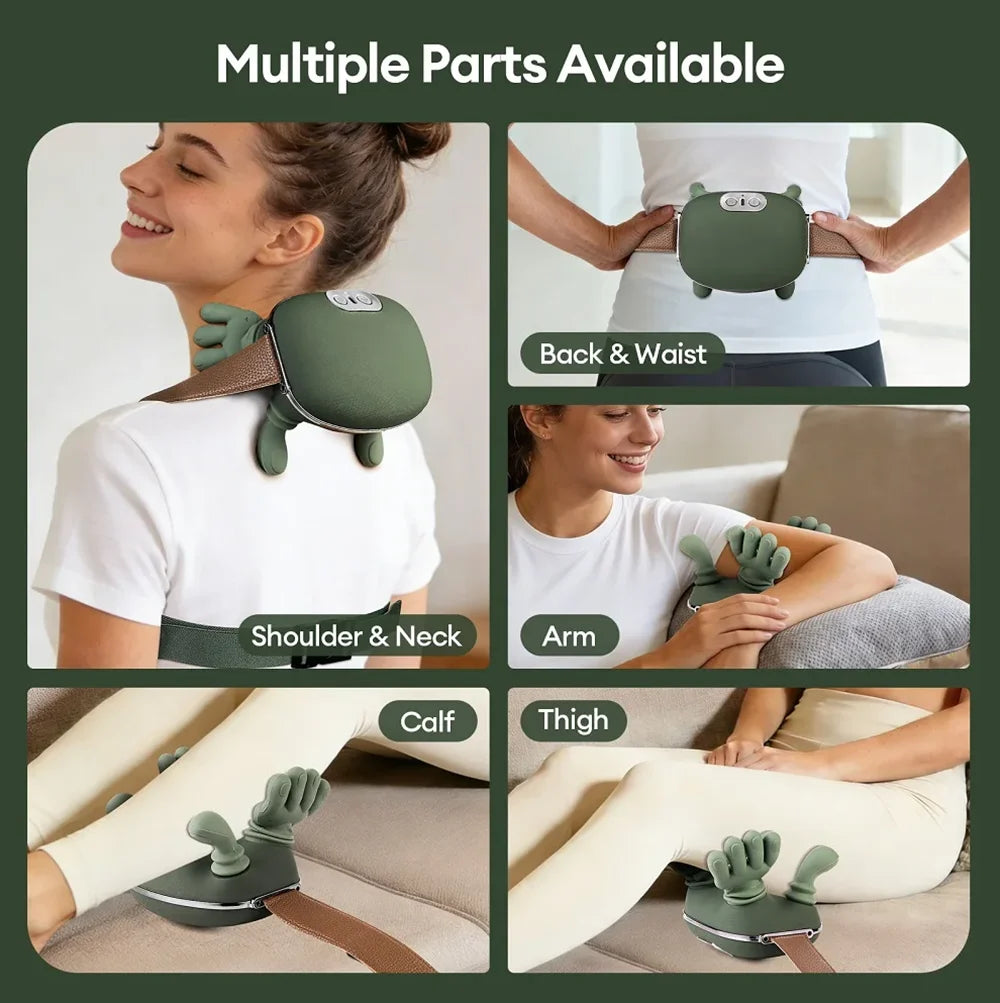 Multiple parts of an electric neck and shoulder massager are shown on a person's body.