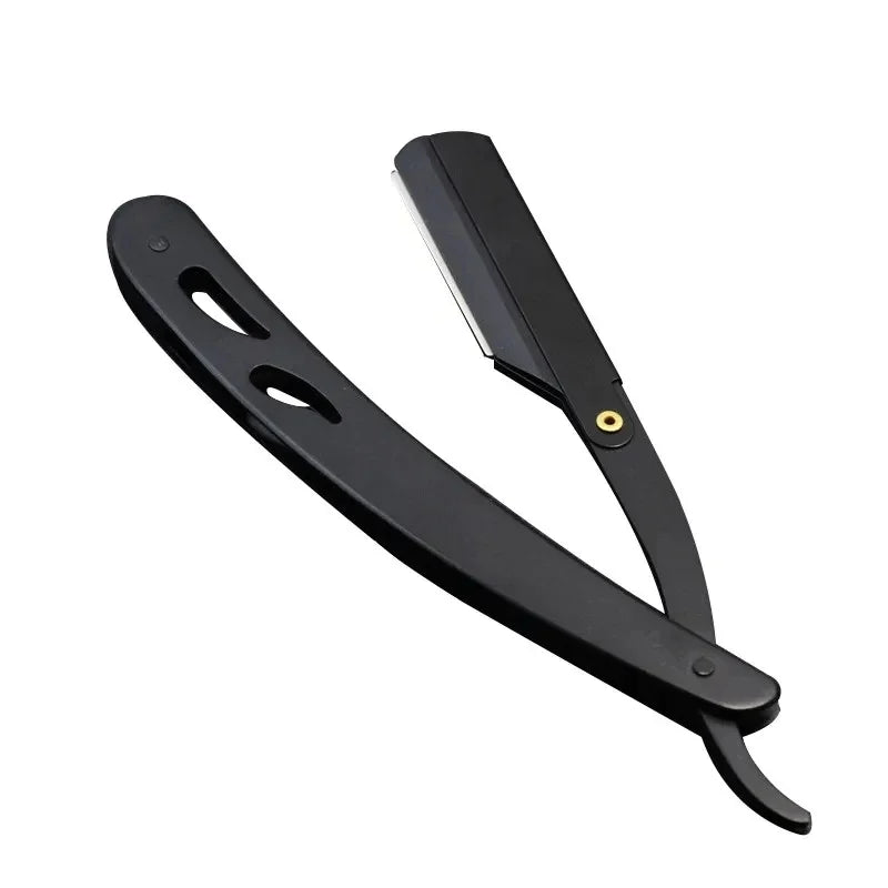 A black professional straight edge barber razor with a metal handle and blade.
