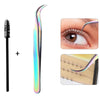 Precision stainless steel eyelash tweezers shown with a single tool and application on an eye and eyebrow.