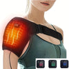 A woman is wearing a black heated shoulder massage belt, with close-ups of the device's power buttons.
