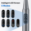Escalador dental ultrasónico plateado con cinco modos LED mostrados en el lateral.