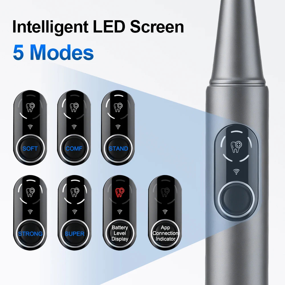 Escalador dental ultrasónico plateado con cinco modos LED mostrados en el lateral.