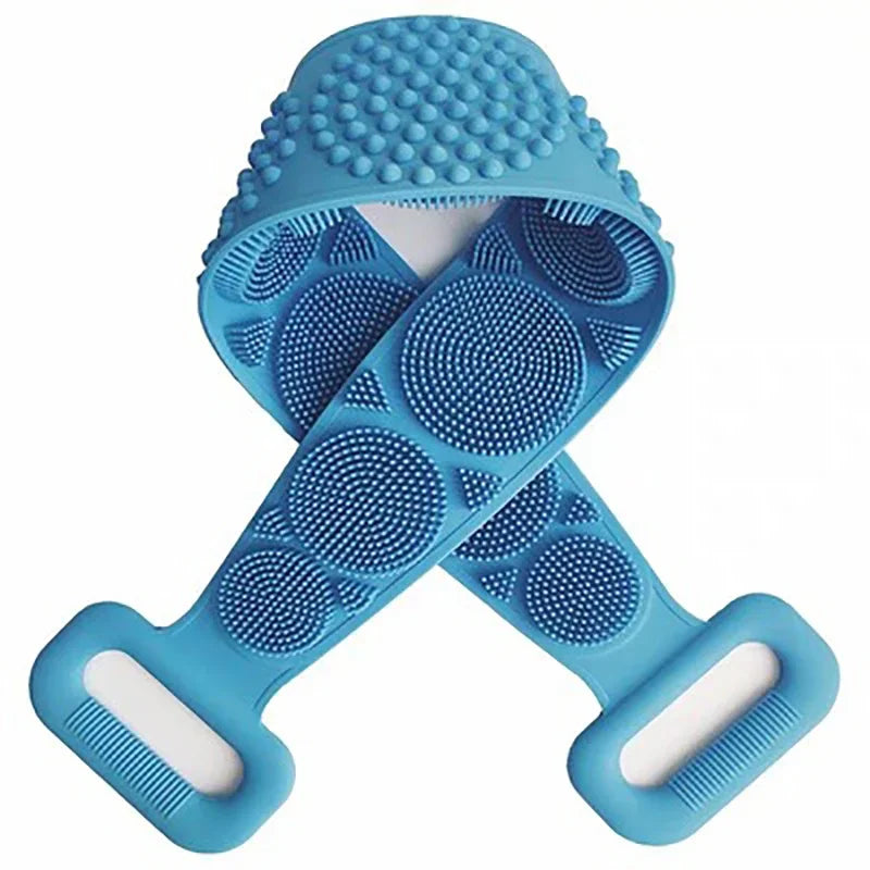 A light blue silicone body scrubber and massager with textured silicone heads.