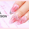 A hand displays a pink gel nail extension with glitter accents, showcasing the strong gel nail extension product.