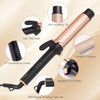 A professional ceramic curling iron shown with various features including anti-scald tip, temperature levels, and negative io