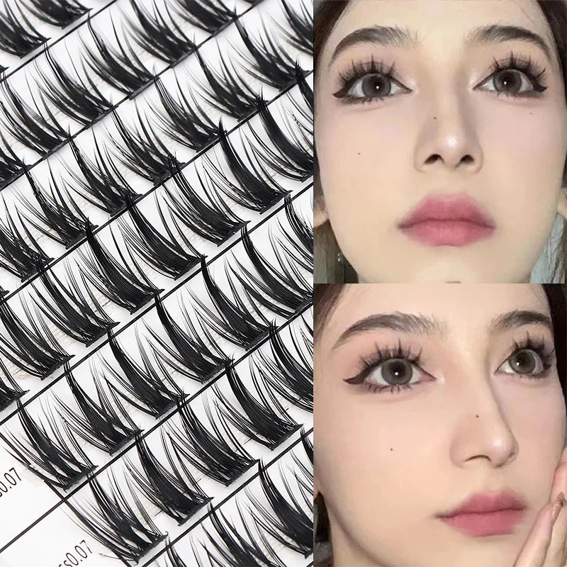 Gros plan d'un kit de faux cils DIY montrant l'application et les cils finis sur l'œil d'un mannequin.