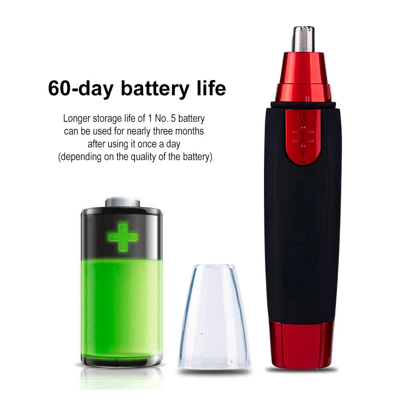 A grooming trimmer with a battery, a clear cap, and the main body shown in black and red.