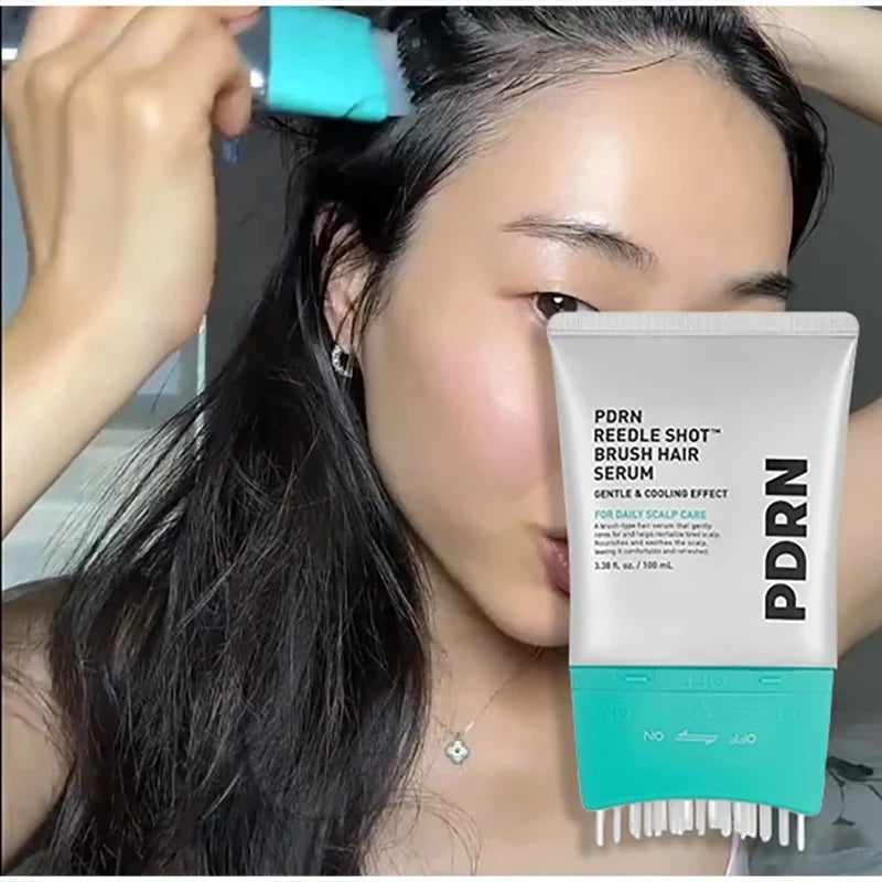 A bottle of PDRN Reedle Shot Brush Hair Serum is shown next to a person's face, demonstrating its use for scalp care.